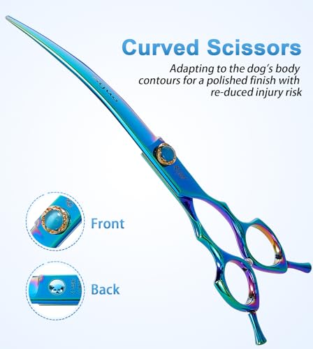 7.5'' Dog Curved Scissors for Grooming, Professional 440C Stainless Steel Pet Trimming Shears with Silent Buffer, Sharp Grooming Scissors for Sensitive Dogs, Cats, Face & Paws (Green) - style: Curved