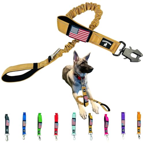 Heavy Duty Bungee Dog Leash - Shock Absorbing, Seat Belt Clip, Quick Release Frog Clasp, Double Padded Handles, for Large and Medium Dogs, Durable for Training, Walking, Car Safety, Outdoor Adventure - color: TAN BUNGEE FROG