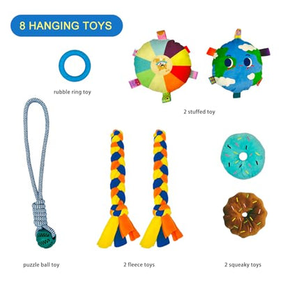 Dewonch Puppy Play Gym with 8 Hanging Toys, Small Dogs Indoor Jungle Gym, PVC Frame with Bungee Straps Enrichment Activity Center