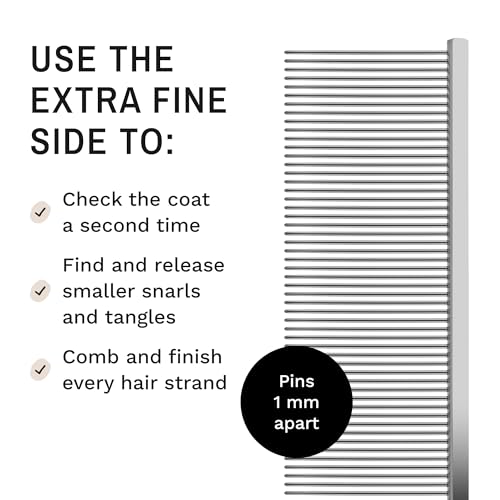 Eye Envy ProGlide Finishing Comb for Dogs. Dual-sided featherweight 8.75” dog comb with extra-long, closely spaced 32 mm rounded teeth. For a flawless, show-quality finish on delicate, fine coats.