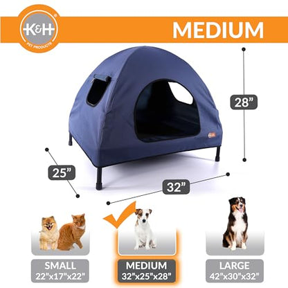 K&H Pet Products Pet Cot House for Medium Dogs, Outdoor Elevated Dog Cot House, Enclosed Canopy, Window Flaps for Air Flow, Washable Cover, Raised Metal Frame, Collapsible - Medium 32 X 25in Blue - size: Medium 25 X 32 X 28 Inches