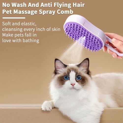 2 Pcs Pet Spray Massage Brush, Cat Hair Steam Brush for Shedding,Cleaning Pet Brush for Massage and Bathing with One Click Spray,Silicone Grooming Spray Comb with 360° Rotating Arm - color: purple+purple