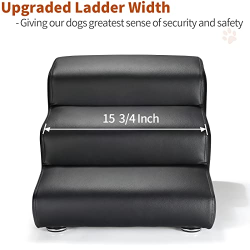 Senneny Black Faux Leather Dog Stairs, for Pets up to 150 lbs, Waterproof, Scratch Resistant Pet Steps/Stairs with High Density Foam and Detachable Wooden Legs, Black, 3 Step