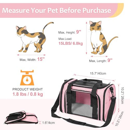 Discala Cat Dog Carrier Up to 15 Lbs TSA Airline Approved Pet Carrier for Small Medium Cats Puppies Dog Carriers for Small Dogs Collapsible Soft Sided Cat Travel Carrier - Pink 15.7"x10.2"x10.2" - color: Pink
