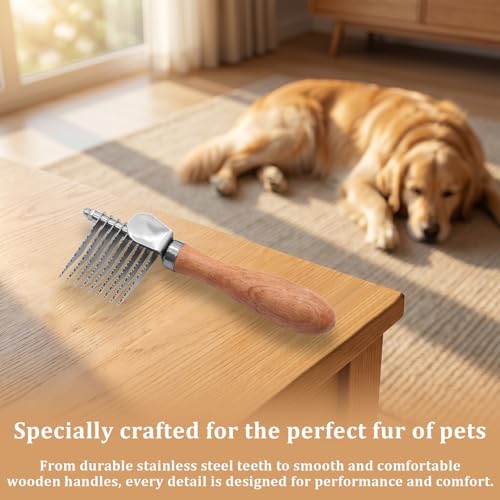 Pet Dematting Comb & Rake Brush for Dogs and Cats, Undercoat Deshedding Tool with Stainless Steel Teeth,Dog Grooming Brush for Long/Short Haired Dogs Cats