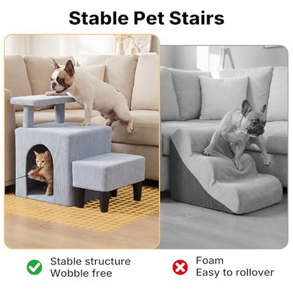 Veehoo 3 in 1 Dog Cat Stairs for Bed Couch, Small Steps Non Slip for Older Dogs Cats to Get on Bed Portable with Cave Condo and Cushioned Foot Stool, Pet Steps Cat Ramps Indoor for Senior Cats Dogs