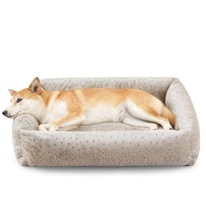 JOEJOY Large Dog Beds Large Sized Dog, Removable Washable Cover Orthopedic Soft Faux Rabbit Fur Pet Bed, Anti-Slip Fluffy Plush Faux Rabbit Fur Puppy Bed, 36"x27"x8", Leopard Print, Beige - color: Beige, size: L (36"x27"x8")