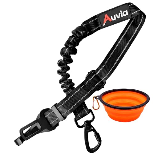 Dog Car Seat Belt for Vehicle Safety, Adjustable Dog Seat Belt Tether with Bungee Stretch, Seat Belt Clip & Headrest Loop, Includes Collapsible Travel Dog Bowl 350ml, Black/Orange