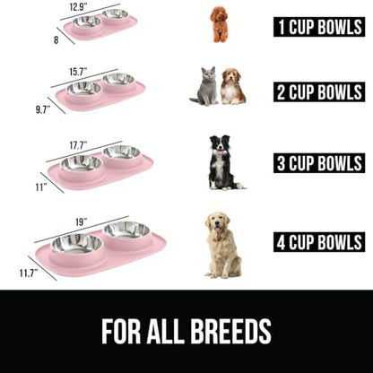 GORILLA GRIP Dog Bowl Set with Slip Resistant Silicone Feeding Mat, Food Grade 304 Stainless Steel Bowls, BPA Free, High Edge Spill Containment, Dishwasher Safe, Finger Notch Removal, 1 Cup, Pink - color: Light Pink, size: 1 Cup Bowls