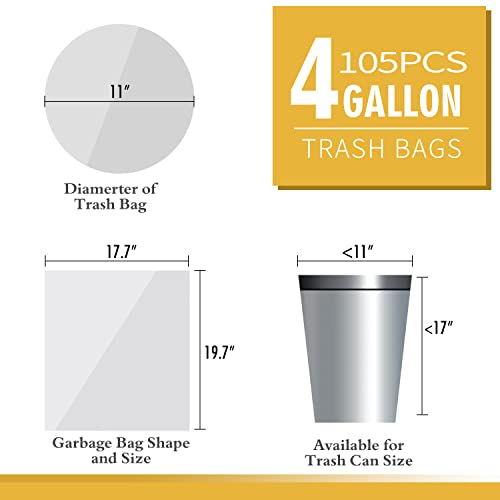 105 Count Small Trash Bags, 4 Gallon Garbage Can Liners | Leak-Proof & Strong, Unscented Wastebasket Clear Plastic Trash Bags for Bathroom, Bedroom, Cleaning Supplies (15 Liter) - size: 1 Count (Pack of 105), style: 4 Gallon