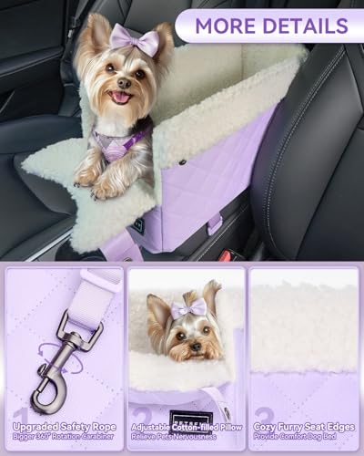 PETSFIT Cat Car Seat with Safe Protection Hooks, Center Console Dog Car Seat with Upgraded Safety Tethers, Washable Cushion, Dog Car Seats for Small Dogs Up to 8 Lbs (Purple) - color: Purple