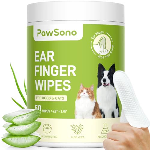 PawSono Dog Ear Wipes - 50 Count Dog Ear Cleaner Finger Wipes for Dogs & Cats, Pre-Moistened Ear Cleaning Wipes for Puppies, Kittens & Small Animals, Thick Pet Ear Wipes to Remove Wax, Dirt & Debris - size: 50 Count