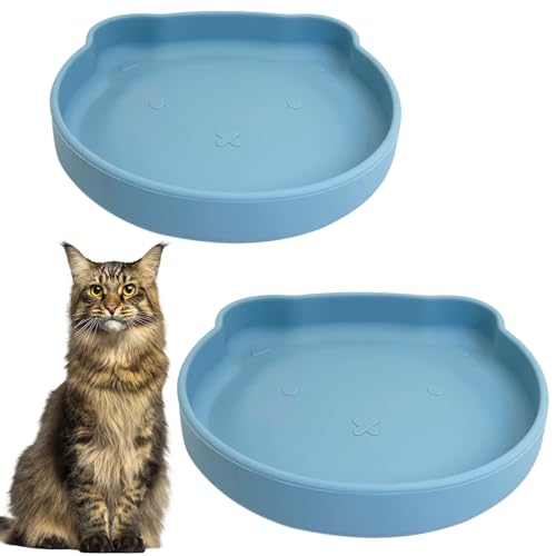 Silicone Cat Food Bowl Suction Cup Cat Dish 7" Shallow Cats Food & Water Bowls Set of 2 Non-Slip Kitty Plates Relief Whisker Fatigue Puppy Feeding Bowl for Dry & Wet Food (Blue) - color: Blue, size: L: 7 inches - with Suction Cup