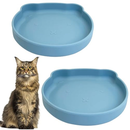 Silicone Cat Food Bowl Suction Cup Cat Dish 7" Shallow Cats Food & Water Bowls Set of 2 Non-Slip Kitty Plates Relief Whisker Fatigue Puppy Feeding Bowl for Dry & Wet Food (Blue) - color: Blue, size: L: 7 inches - with Suction Cup