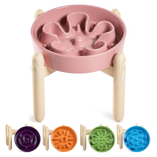 LE TAUCI Ceramic Slow Feeder Dog Bowls Elevated, 3 Cup Raised Bowl with Wooden Stand for Medium Large Breed, Slow Down Eating, Puzzle Dog Food Bowl, Pink Bloom - color: Pink Bloom+Stand, size: L-3 Cups