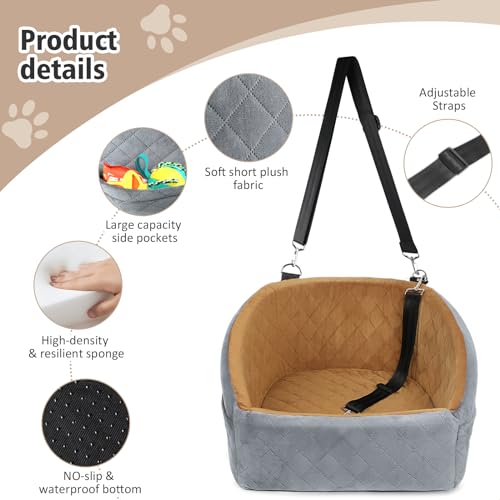 NEEZUKAR Dog Car Seat for Small Medium Dogs,Detachable Washable Dog Booster Seat Under 30lbs, Pet Car Seat Travel Bed with Storage Pockets and Dog Safety Belt(Grey/Brown) - color: Grey/brown