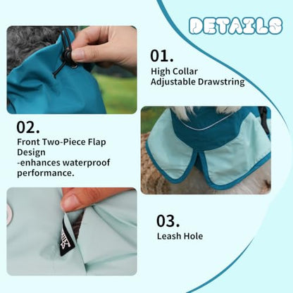 Waterproof Dog Raincoat, Windproof Breathable High Collar Rain Jacket with Leash Hole, Adjustable Pet Rain Coat with Reflective Stripes for Small Medium Large Dogs - color: Light Blue&Blue, size: Small