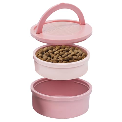 KindTail Dog Travel Bowls - Set of 2 Portable Pet Food & Water Dishes with Lid & Handle - Each Nesting Container Includes a Non-Slip Silicone Base - Microwave & Dishwasher Safe - BPA & Toxin-Free - color: Rose Pink, size: Large