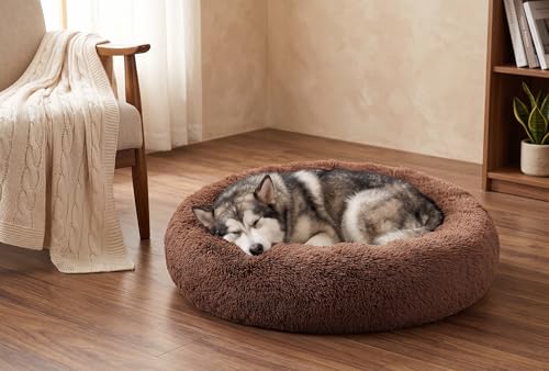 SAVFOX 36 inches Calming Donut Dog Bed - 3X Durable Plush Faux Fur, Machine Washable & Non-Slip, Fits up to 100 lbs, Brown - color: Brown, size: Large | 36"x36"
