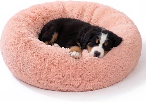 SAVFOX 23 inches Calming Donut Dog Bed - 3X Durable Plush Faux Fur, Machine Washable & Non-Slip, Fits up to 25 lbs, Pink - color: Pink, size: Small | 23"x23"
