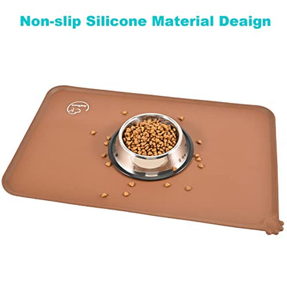 Silicone Waterproof Dog Cat Pet Feeding Mats, Non Slip, Easy Clean Pet Dog Cat Bowl Mats Placemat (18.5" x 11.5") Brown - color: Brown, size: 18.5" x 11.5"