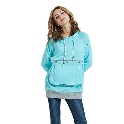 Pet Pouch Hoodie Long Sleeve Fleece Kitten Puppy Holder Carrier Sweatshirt for Women - color: Light Blue, size: Medium