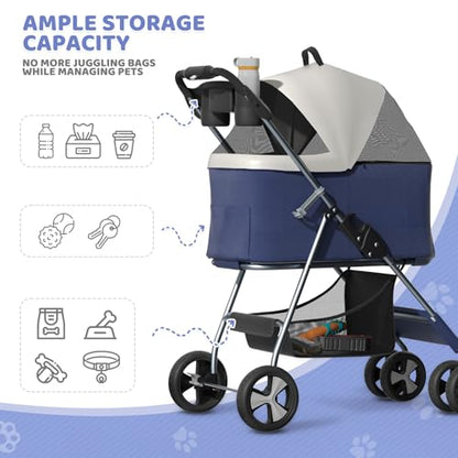 Magshion Foldable Pet Stroller, 3-in-1 Dog Travel Jogger with Detachable Carrier, Cup Holder, Storage Basket, Folding Carrier for Small/Medium Dogs & Cats Up to 33 lbs, Navy Blue - color: Navy Blue, style: Up to 33 lbs