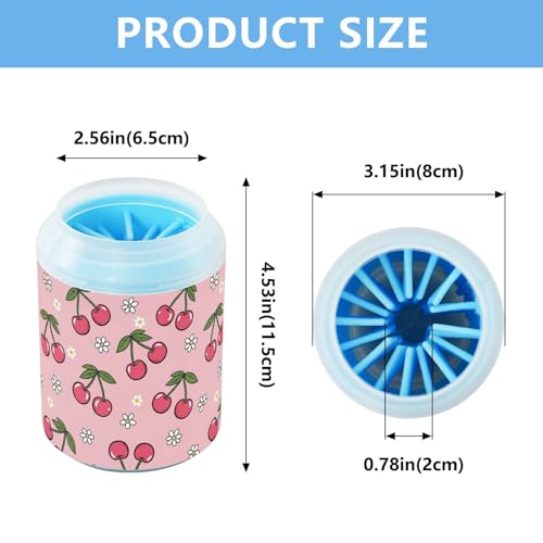 Cherries Flowers Pink Pattern Dog Paw Cleaner Cup with Soft Silicone Brush, Small Portable Lightweight Muddy Paw Washer for Dogs, Easy to Use Pet Foot Cleaner