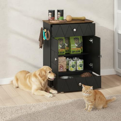 Pet Feeding Station with Storage, Raised Dog Bowls, Pet Feeder Cabinet, with Adjustable Shelves, Rolling Drawer, Hooks, for Feeding & Watering Supplies (Black) - color: Black