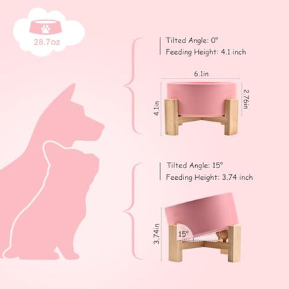 SPUNKYJUNKY 15° Slanted Ceramic Dog and Cat Bowl with Wooden Stand, Tilted Bulldog Food and Water Bowl No Slip Non-Spill for Cats Medium Dogs Big Face Pets 28.7 OZ (3.6 Cups,Pink) - color: Pink, size: 3.6 CUPS × 1