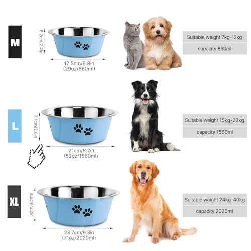 YUDANSI Dog Bowls 2 Pack Small Medium Dogs Feeding Food Water Bowl with Non-Slip Silicone Sole, Stainless Steel Dog Dishes Elevated Raised Pet Feeder(Blue, L(6.6 Cups) - color: Blue, size: L(6.6 Cups)