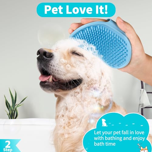 Comotech 3-in-1 Dog Grooming Brush | Adjustable Handle Shampoo Brush & Scrubber for Short & Long Haired Dogs & Cats (Blue Pink Blue) - color: Blue Blue Blue