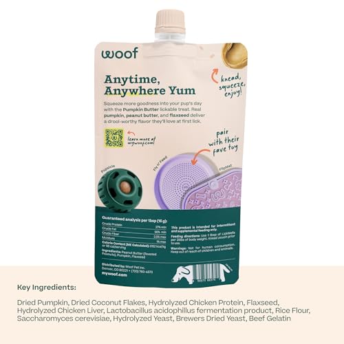 Woof LickWells Pumpkin Butter - Dog Lick Mat Spread and Meal Topper for the FlipMat and LickMat - Made with Prebiotics and Superfoods - for Digestion and Enrichment - 12 oz - PB & Pumpkin Flavor