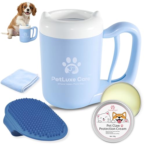 Dog Paw Cleaner, Paw Washer Cup with Soft Silicone Bristles, Portable Dog Foot Washer, 4-in-1 Paw Cleaner Kit with Paw Balm, Microfiber Towel & Grooming Brush (Blue, Small) - color: Blue, size: Small