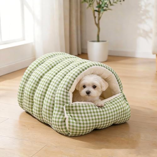 Small Cat Dog Cave Bed Calming Pet Nest Warm Plush Covered Cat House with Hooded Blanket Removable Hooded Blanket Cushion Washable Soft Calming Indoor Cat Bed (Green, Medium) - color: Green, size: Medium
