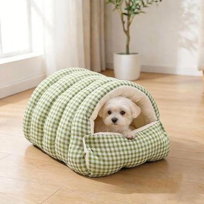 Small Cat Dog Cave Bed Calming Pet Nest Warm Plush Covered Cat House with Hooded Blanket Removable Hooded Blanket Cushion Washable Soft Calming Indoor Cat Bed(Green, Small) - color: Green, size: Small