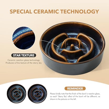 Havniva 0.9 Cup Elevated Slow Feeder Dog Bowls, 6.1” Dog Slow Feeding Bowls + 6.1” Ceramic Dog Water Bowls Set with Acacia Wood Stand, Dog Food Bowls Puzzle Feeder for Small Dogs Non-Slip Anti-choking - color: 2 x Starry Sky + Stand - A, size: S- 6.1inch