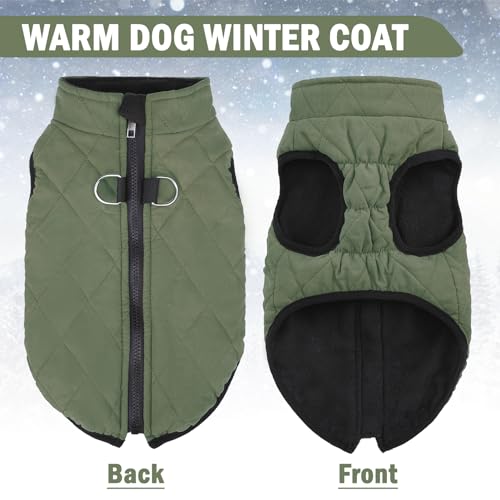 SCENEREAL Winter Dog Vest Coat with Harness Built In, Warm Puppy Jacket for Small Medium Dogs, Cold Weather Coat with Zipper, Fleece Puffer Vest Windproof Snow Clothes - color: #1 Olive-Matte, size: M(Chest 16.5")-Regular