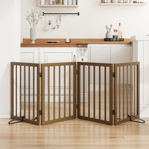 Dog Gate for Stairs,Foldable Dog Gate for Indoor Doorways House,Freestanding Pet Gates for Dogs,Doogie Puppy Fence Gate - color: Black Walnut, size: 4 Panel - 74 inches Wide