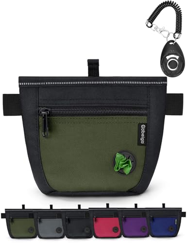 Gobeigo Dog Treat Pouch and Training Clicker, Upgrade Two Magnetic Closure to Prevent Spills, 2 Cup Treat Bag with Poop Bag Dispenser, Metal Clip Waist Belt Fanny Pack for Pet Walk (Black/Army Green) - color: D-Black/Army Green