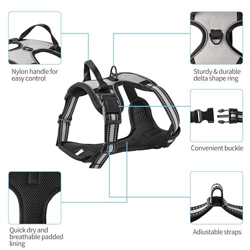 Gray No-Pull Dog Harness with 2 Leash Clips，Soft Padded Vest for Large Dog, Adjustable Reflective Dog Vest Easy to Put on and Take Off, (Neck: 17"~24", Chest: 24"~32",Gray L) - color: Gray, size: Large