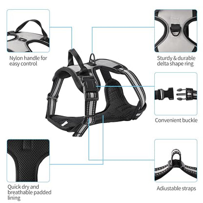Gray No-Pull Dog Harness with 2 Leash Clips，Soft Padded Vest for Medium Dog, Adjustable Reflective Dog Vest Easy to Put on and Take Off, (Neck: 14"~20", Chest: 21"~27", Gray M) - color: Gray, size: Medium
