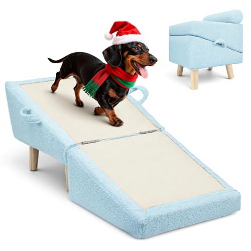 Dog Ramp for Small Dogs and Cats – 2-in-1 Dog Ramp for Couch and Low Bed, 16.5'' Foldable Wooden Pet Ramp, Sturdy Multi-Use Split Ottoman Design, Light Blue - color: Light Blue
