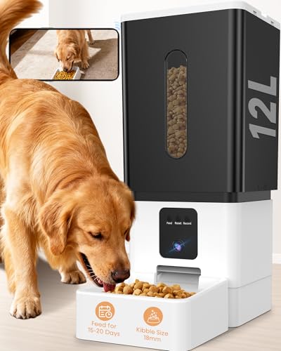 Large Breed Automatic Dog Feeder with 1080P HD Camera: 12L/50 Cups 20-Day Food Capacity for Busy Pet Owners - Anti-Clog 0.78inch Wide Outlet for Large Kibble - size: 12L for Large Dogs