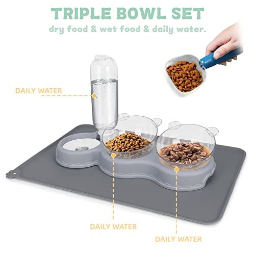 Triple Cat Bowls for Food and Water, YECERCAN Plastic Raised Cat Bowls with Automatic Water Bottle & Waterproof Mat for Cats/Small Dogs, 3 in 1 Pet Feeder for Wet/Dry Food