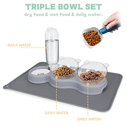 Triple Cat Bowls for Food and Water, YECERCAN Plastic Raised Cat Bowls with Automatic Water Bottle & Waterproof Mat for Cats/Small Dogs, 3 in 1 Pet Feeder for Wet/Dry Food