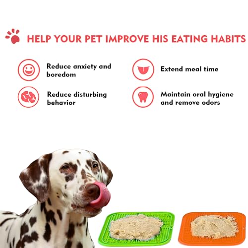 Dog Lick Mat 2-Pack (Orange & Green) with Spatulas – Silicone Licking Pads for Dogs & Cats, Peanut Butter Slow Feeder, Strong Suction, Anxiety Relief for Bath & Grooming, Dishwasher-Safe