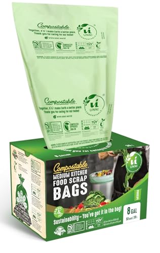 UNNI Compostable Trash Bags, 8 Gallon / 30 Liter, 100 Count, Extra Thick 0.85 mil Medium Kitchen Food Scrap Bin Liners, Certified by BPI, CMA & OK compost HOME, Meets the ASTM D6400 Standard - size: 100 Count (Pack of 1), style: 8 Gallon