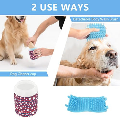 Stars Stripes Red Pattern Dog Paw Cleaner Cup with Soft Silicone Brush, Small Lightweight Portable Muddy Paw Washer for Dogs, Easy to Use Pet Foot Cleaner