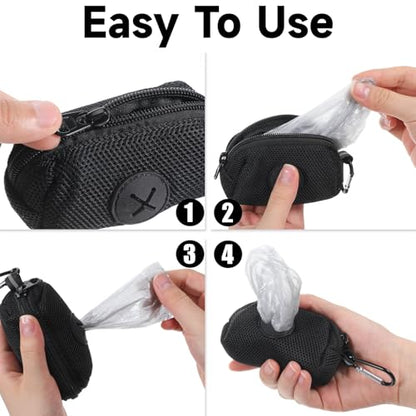Black Dog Poop Bag Holder for Leash, Soft Fabric Zipper Doggy Waste Dispenser with Large Opening, Slim Pet Poop Carrier with Metal Carabiner Clip for Retractable Leash Walking Accessories (Black)